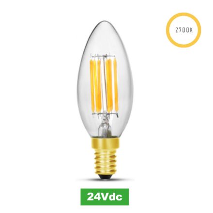 LED izzó gyertya alakú, 24V, 5W, 2700K, E14 (E27 adapter)